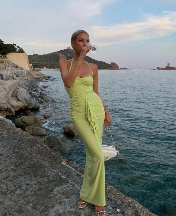 Green Halter Backless Sheath Long Prom Dress Wedding Guest Dress Party Dress