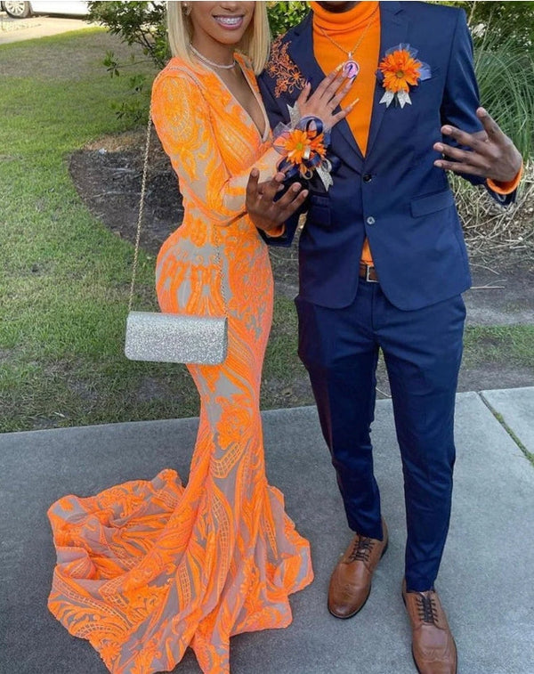 Gorgeous Mermaid V Neck Orange Sparkle Prom Dress Floor Length Long Sleeves Evening Dress