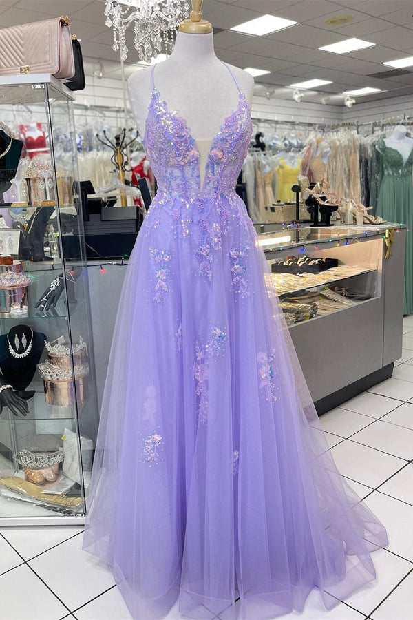 Straps Lavender Embroidery Tulle A-line Long Prom Dress