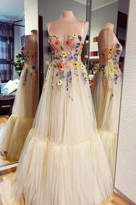 SSR1650,Spaghetti Straps Tulle Floor Length Long Prom Dress with Flowers,Custom Made Floral Evening Gown