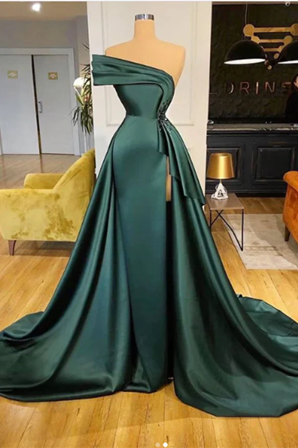 Long Dark Green Satin Prom Dress Elegant Split Evening Gowns Floor Length december wedding guest dress