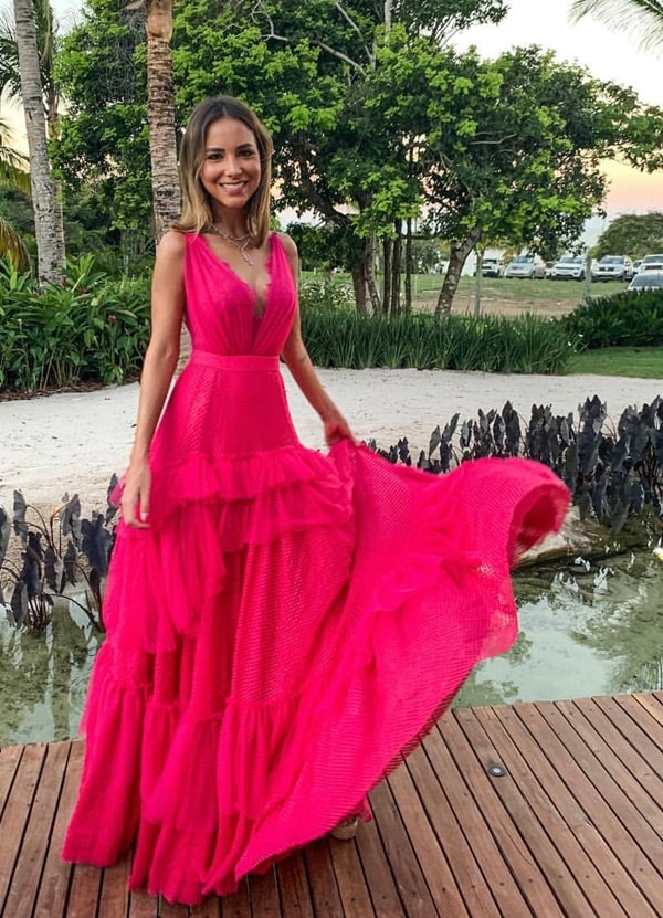 SSR1195,Elegant Hot Pink Evening Dresses,Long Chiffon Lace Prom Evening Dress