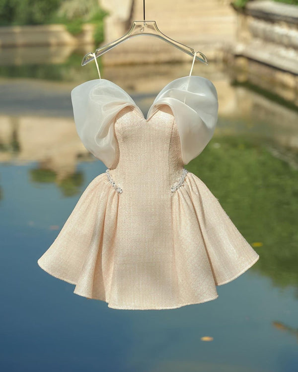 Off The Shoulder Bowknot Beige Beaded Short Dress, SSR3332
