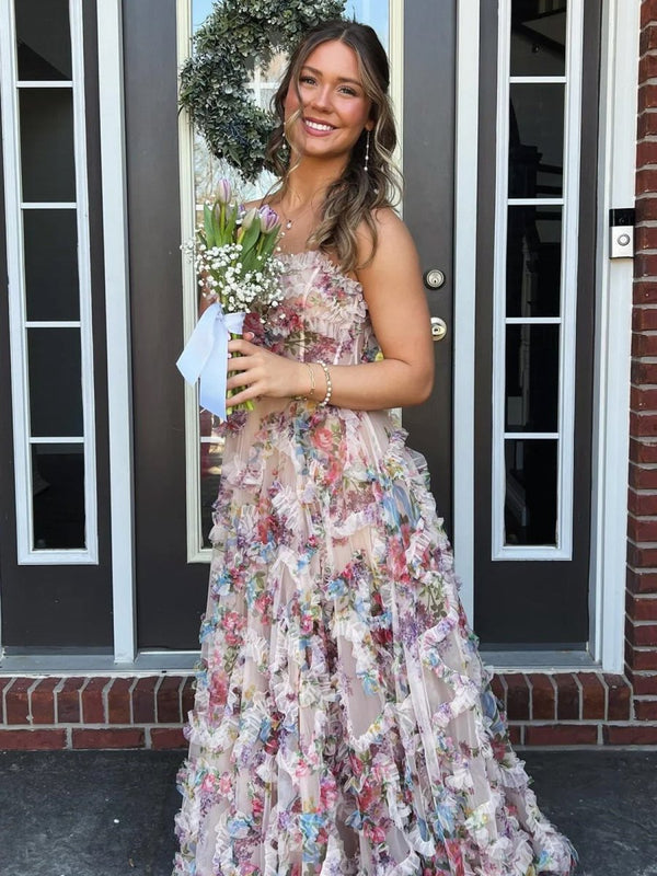 Maud?| A-Line Strapless Floral Print Ruffle Long Prom Dress with Slit