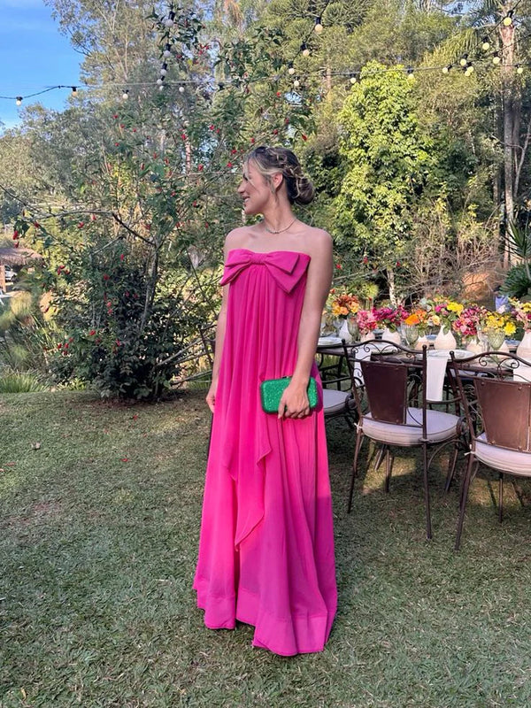 Fuchsia Strapless A-Line Cute Bowknot Long Party Dress Wedding Guest Dress Evening Dress With Bow(s)
