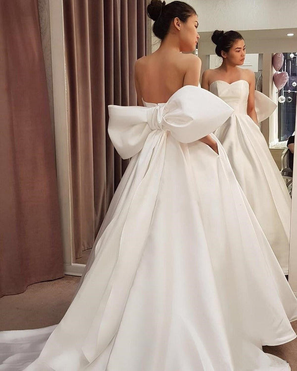 SSR0810,Noble White Simple Designed Satin Wedding Dresses Big Bow Sash A Line Backless Sweetheart Western Bridal Gowns