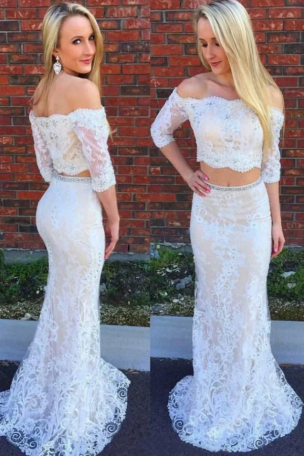 SSR1343,Two Pieces White Lace Prom Evening Dresses White Bridal Gown