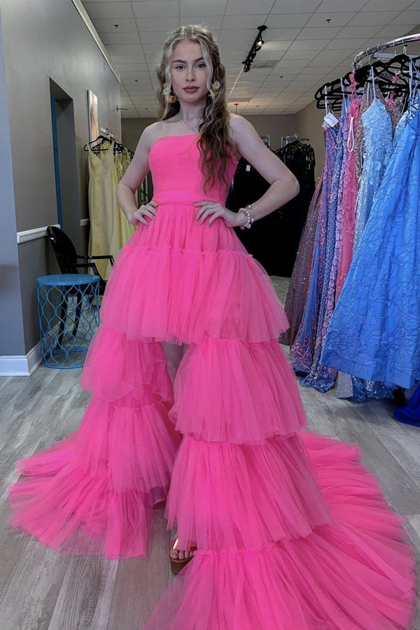SSR0951,Stylish pink tulle prom dresses high low strapless long party formal gown
