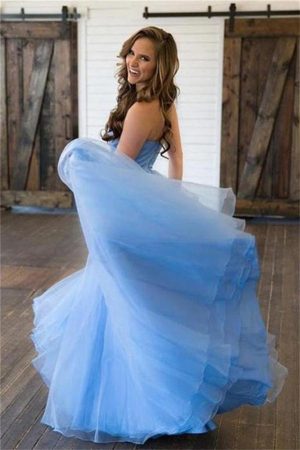 SSR0845,Sky blue prom dresses sweetheart tulle evening dresses sleeveless formal gown