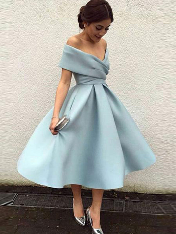 SSR0347,Light blue prom dresses off the shoulder evening dress tea length a line homecoming dresses