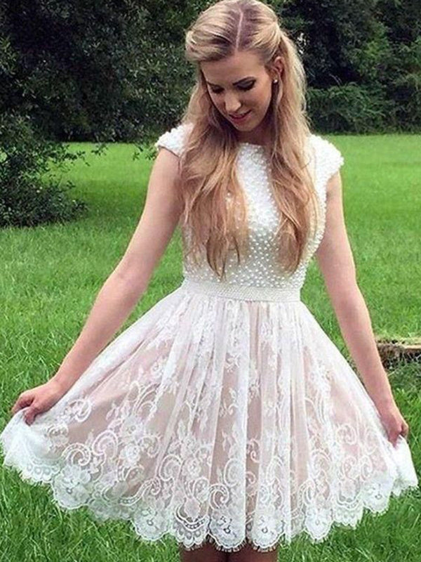SSR1393,Champagne Pearl Beaded Lace Homecoming Dresses