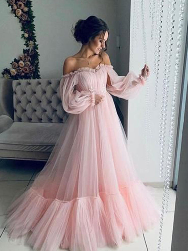 SSR0557,Princess Tulle Prom Dresses Off The Shoulder Evening Dress Long Evening Gown Pink Prom Dress