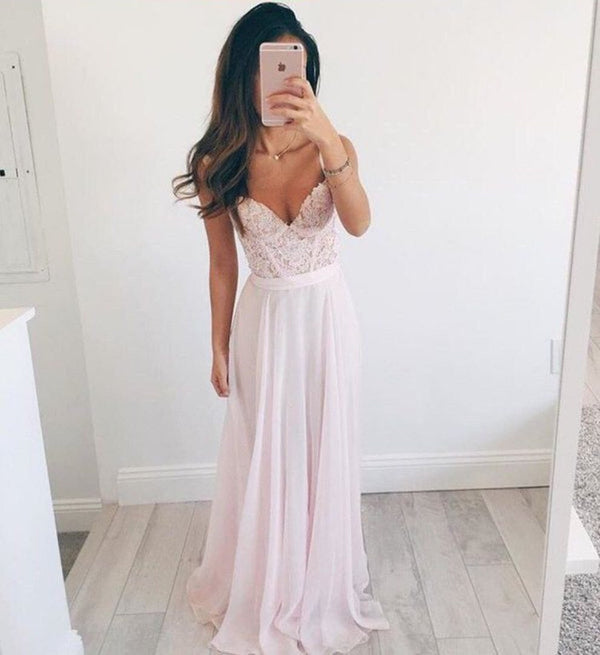 SSR1099,Pink chiffon lace full length prom dresses long evening gown