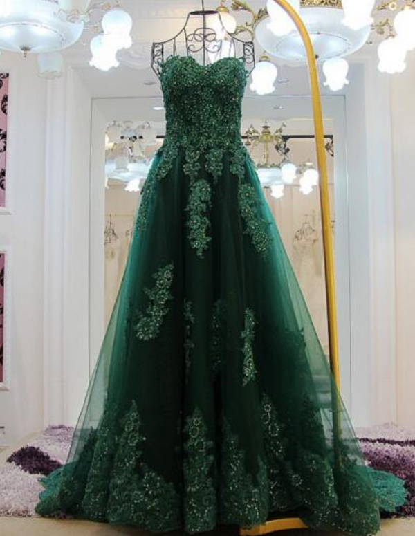 SSR0645,Sweetheart Long Lace Prom Dresses,Green Sweep Train Prom Gowns,Formal Evening Dresses,Lace Up Party Dresses