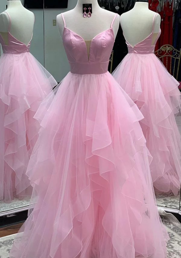 SSR1040,Pink spaghetti straps tulle long prom dress evening formal gown