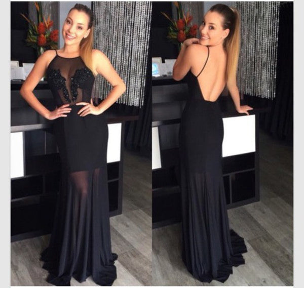 SSR1633,Cute Black Open Back Sexy Prom Dresses,See Through V-Neck Long Evening Dress