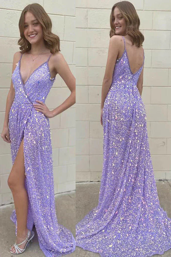 SSR1651,Sparkle Lilac Sequin Long Prom Dresses With Slit,V-Neck Evening Formal Gown