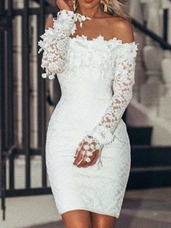SSR1394,Off the shoulder white long sleeves applique homecoming dresses tight back to school dresses