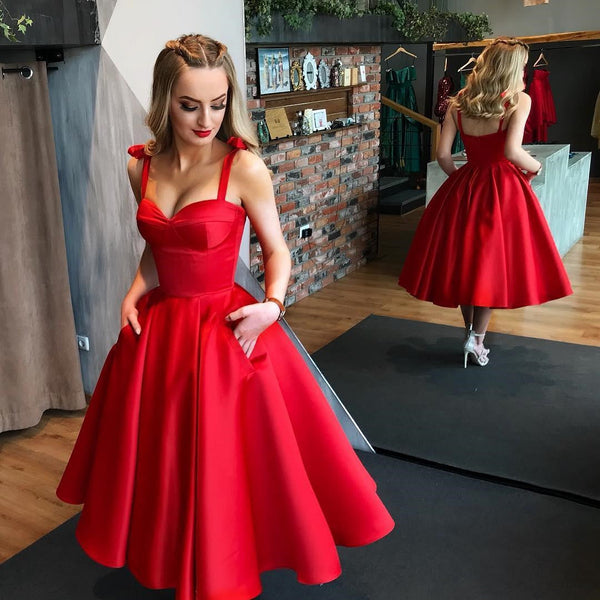 SSR0873,Red A-Line Sweetheart Prom Dresses Tea Length Homecoming Dresses Cheap Graduation Dress