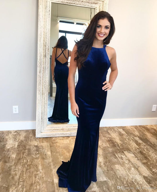 SSR1634,Royal Blue Velvet Cross Back Mermaid Long Prom Dresses,Sleeveless Formal Evening Gown