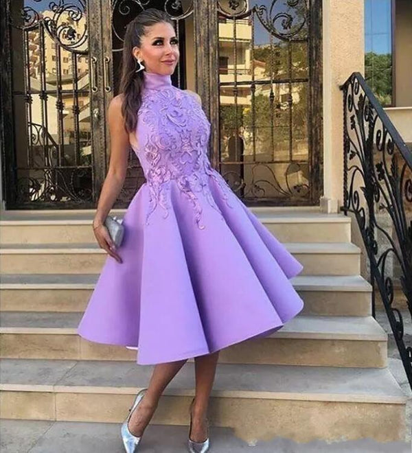 SSR1774,Purple A-Line Homecoming Dress, Applique Satin Graduation Dress