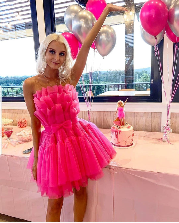 SSR1420,Sweet Hot Pink Tulle Ruffles Homecoming Dresses Mini Party Dress