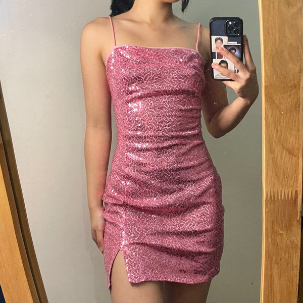 SSR1844,Pink Sequined Spaghetti Straps Homecoming Dress Mini Party Dress