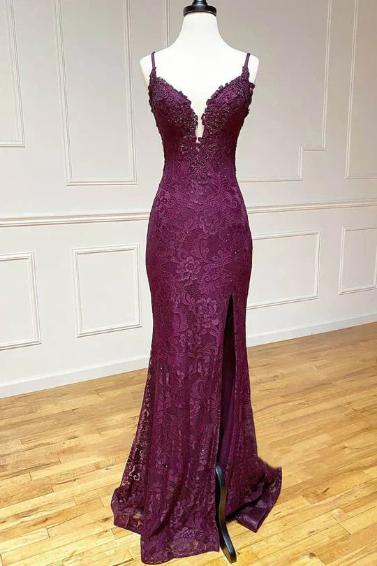 SSR1739,Mermaid/Trumpet Spaghetti Straps Grape Lace Beaded Long Prom Dress Formal Evening Dress