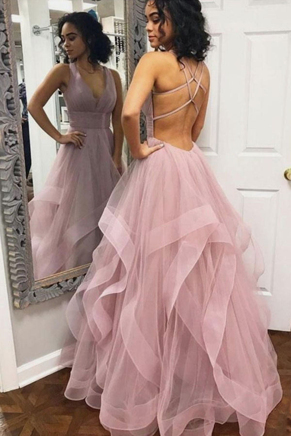 SSR0144,Pink v neck tulle prom dress layers a line evening party gown