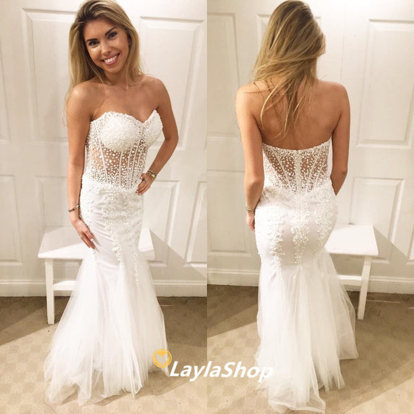 SSR0719,White Prom Dresses Sweetheart Beaded Evening Dress Tulle Mermaid Long Prom Dress White Party Gown Formal Dresses