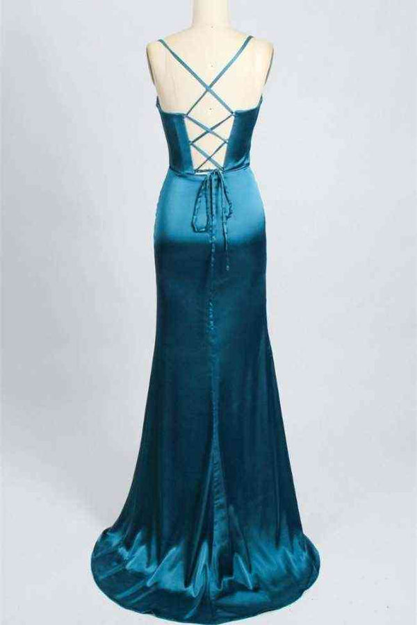 Elegant Red Straps Corset Back Long Prom Dress with Slit, SSR1224