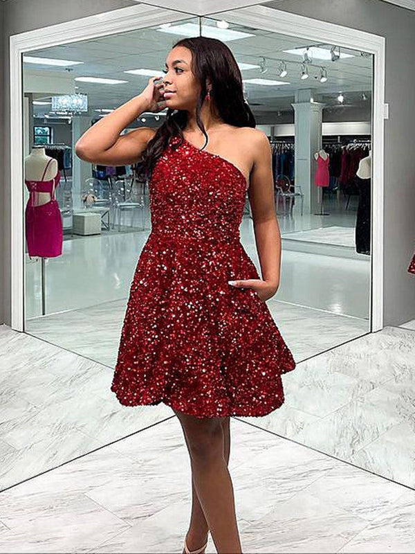 SSR1477,One Shoulder Homecoming Dresses,Burgundy A-Line Hoco Dress