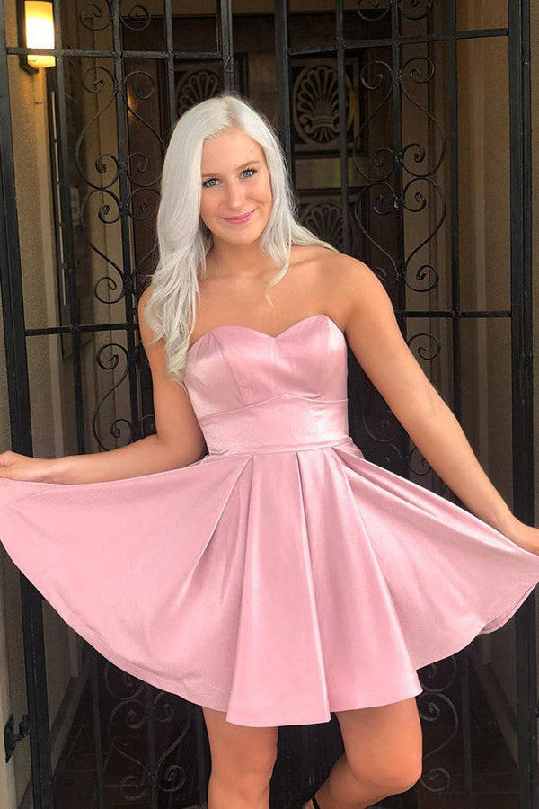 SSR1430,Sweetheart pink a-line satin homecoming dresses short back to school dress