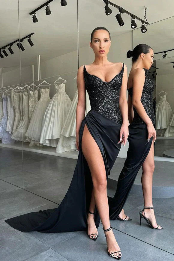 Unique Black Special Strapless High Split Lace Up Sequined Prom Dress Sexy Evening Dress