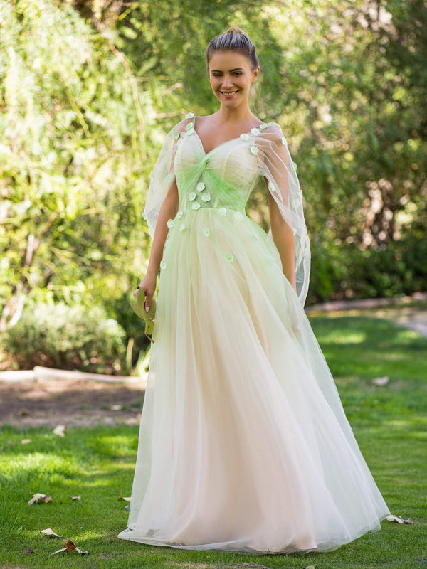 V-neck 3D Applique Floor Length Tulle Prom Dress