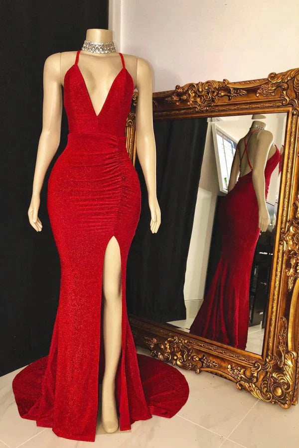 V Neck Cross Back Sleeveless Long Mermaid Prom Dress Sexy Evening Dress With Slit Without Neck accessories