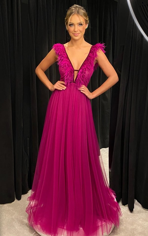 SSR1222,Elegant Hot Pink Feather Prom Dresses,Deep V-Neck Tulle Evening Gown
