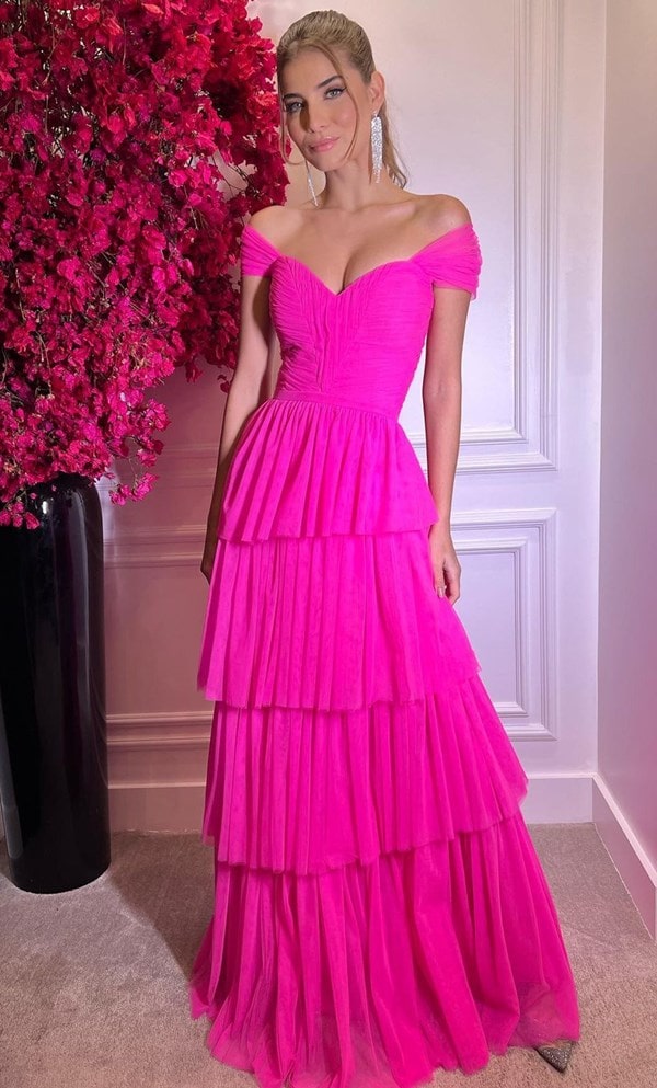 SSR1722,Hot Pink Off The Shoulder Ruffles Prom Dresses, Long Evening Formal Gown