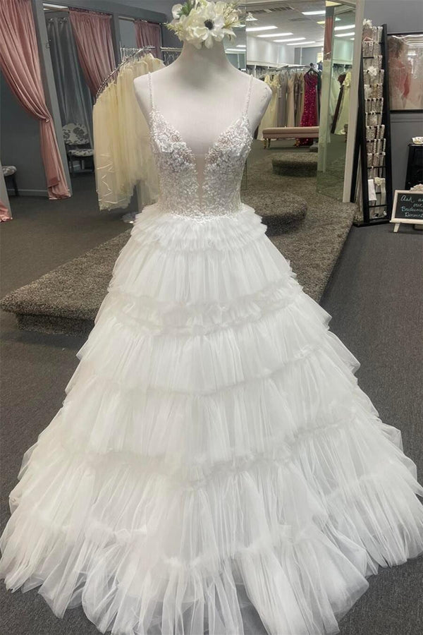 Straps White Lace and Tulle Tiered Ruffles Long Prom Dress
