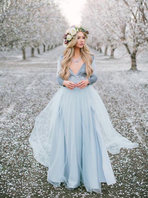 SSR0457,Light Blue Long Sleeves Prom Dresses Tulle Velvet Top Long Evening Gown