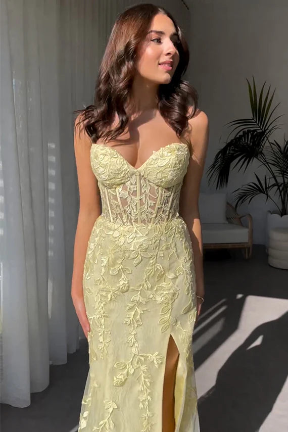 Strapless Black Corset Lace Long Prom Dress with Slit,SSR1166