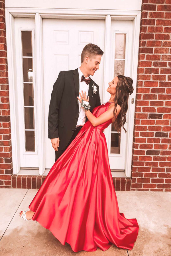 SSR0836,Red prom dress halter beaded prom dresses a-line satin evening dress long formal gown